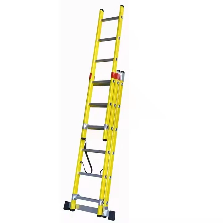 EN131 Standard Fiberglass Extension Ladder With Aluminum Step Ladders FRP 3 Sections Ladder